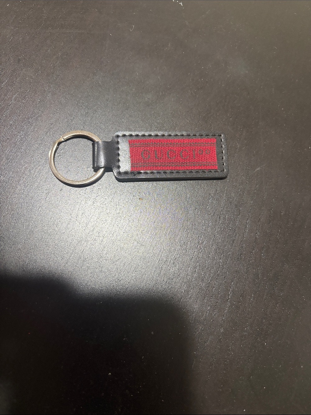 Monogram Upcycled maroon ribbon black leather keychain